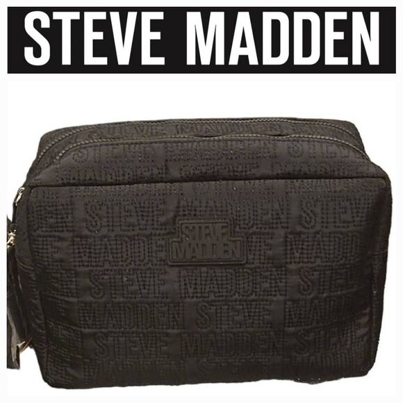 Steve Madden Logo Embossed Double Zip Quilted Cosmetic Case